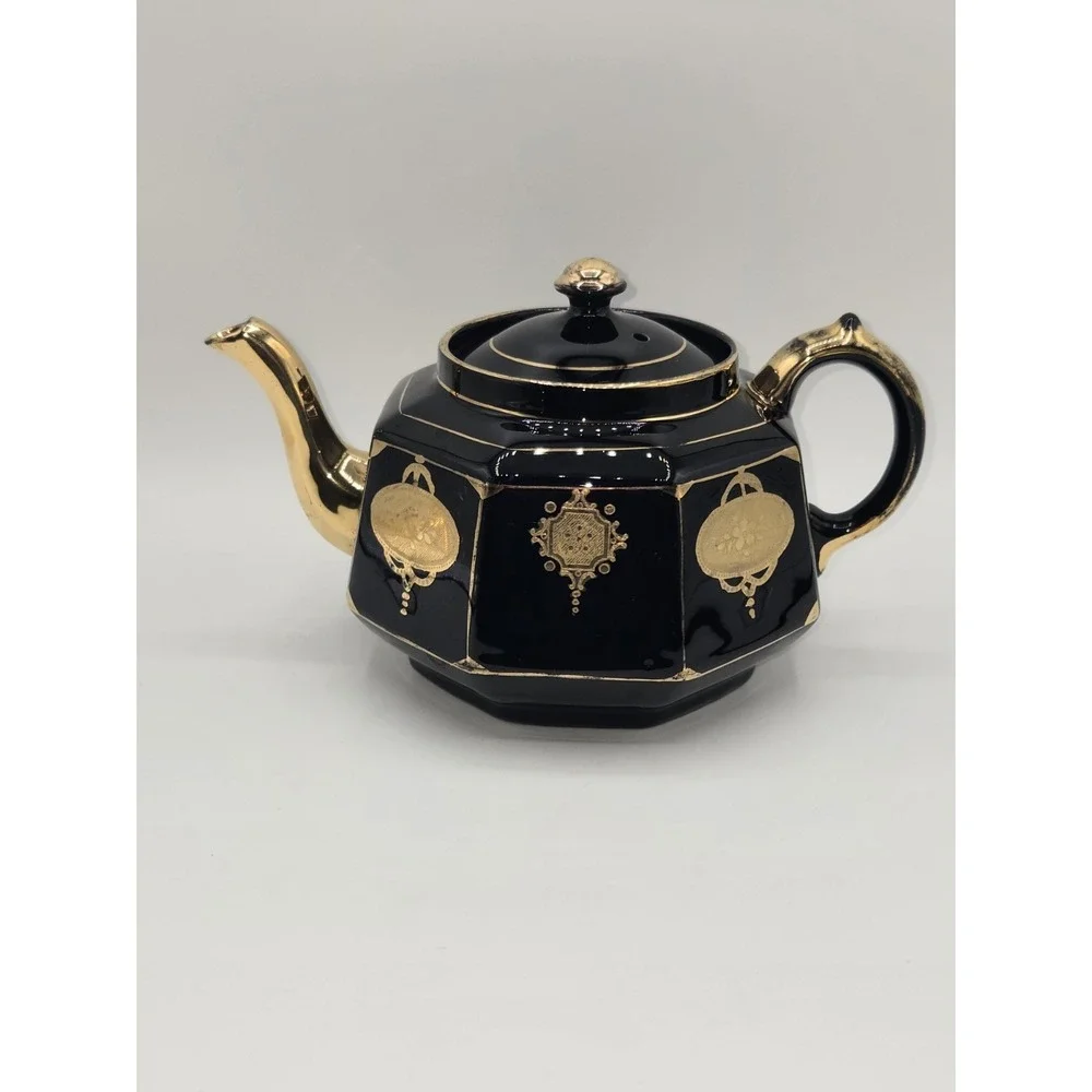 Gibson & Sons Black Celt Teapot Gold Transferware Burslem England Octagonal